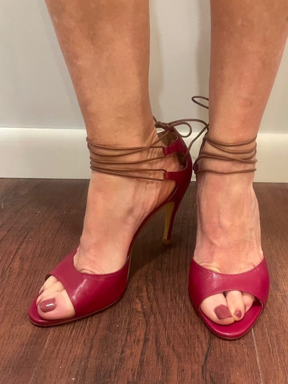 FRAGIACOMO Italy Burgundy Open Toe Lace Up Heels